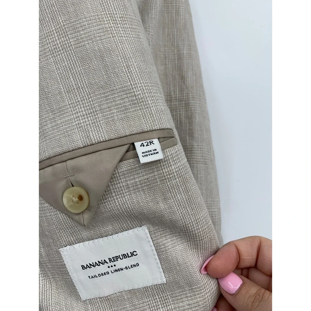 Banana Republic Blazer Mens 42R Beige Glen Plaid Linen Blend Two Button Jacket